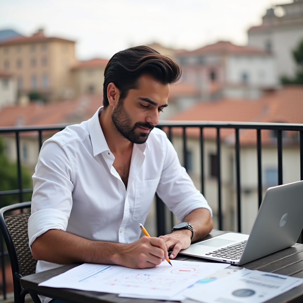 Fondatore che lavora all'aperto su un progetto digitale